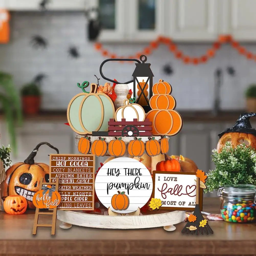 

Tiered Tray Decorations Plastic Pumpkin Sign Charming Halloween Farmhouse Decor Rustic Tiered Tray Ornaments for Festive