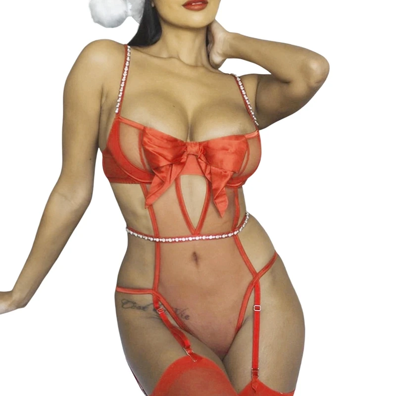 

Sexy Women Bodysuit Lingerie, Low Cut Bow Knot Bra Rhinestone Shoulder Strap Sheer Thongs with Garters, Women Clothing