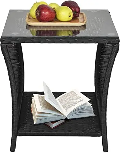

Wicker Side Table, All Weather Resistant Side Tables, Porch Square Side Coffee Table with Glass Top, Storage, Black, Steel Fram