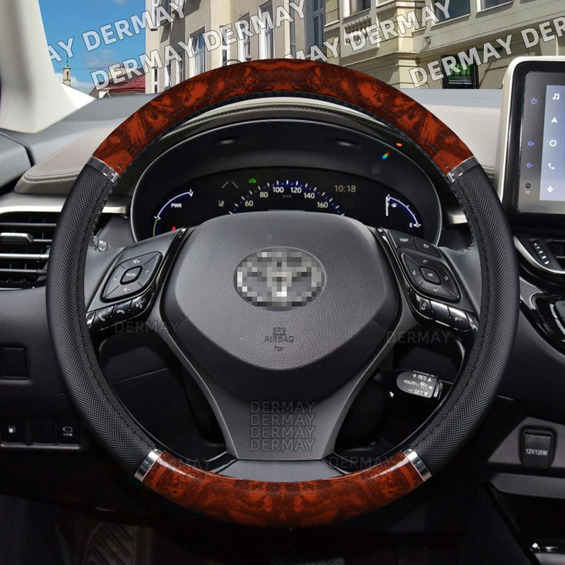 

for Toyota CHR C-HR DERMAY Car Steering Wheel Cover Rubber Non-slip Mahogany Wood Grain PU Leather Auto Accessories interior