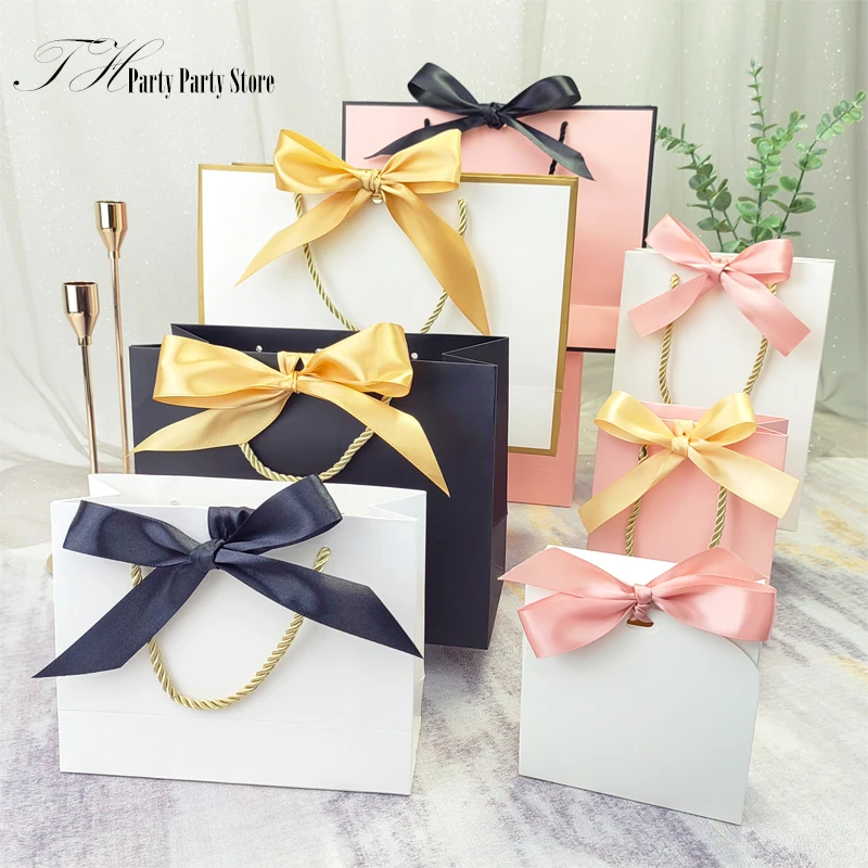 10Pcs/Lot New White Black Bow High Quality Simple Gift Bag Kraft Paper Candy Box With Handle Wedding Birthday Party - купить по
