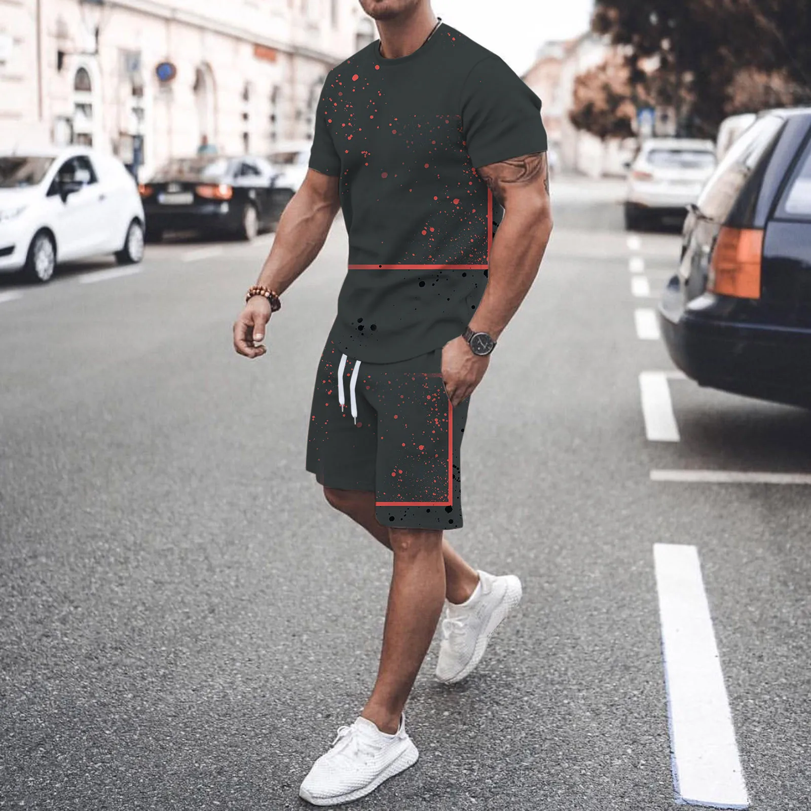 

Men Summer Printed Short Sleeve T Shirt Crew Neck Top Tether Shorts Suits