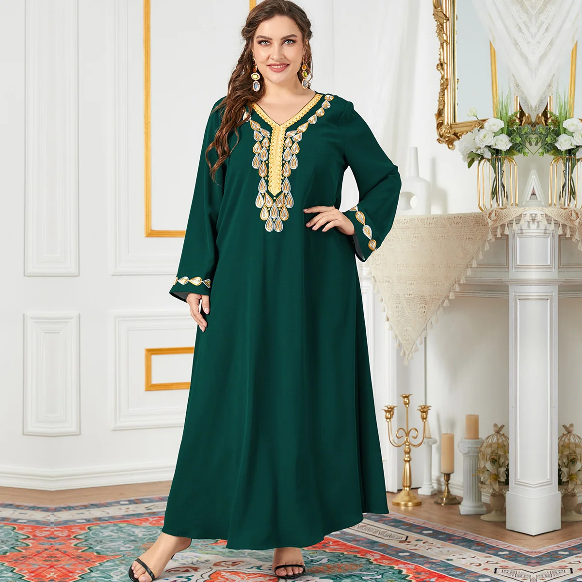

Fashionable New Spring and Autumn Muslim High Waist Relaxed National Style Print Pullover Green Embroidery Dress