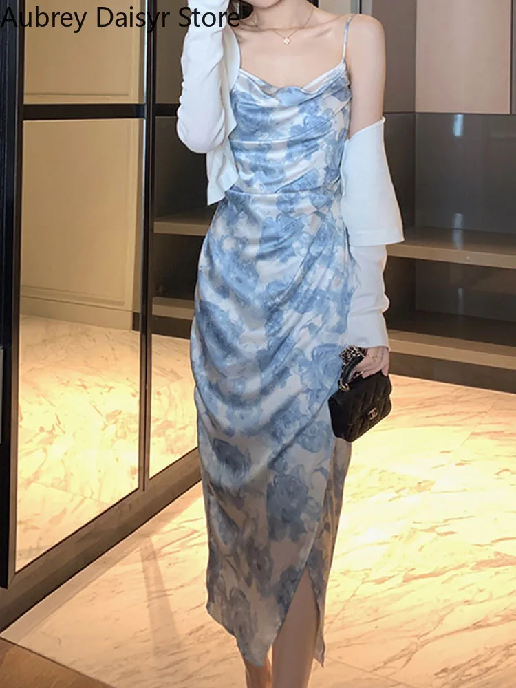 

Elegant Floral Long Dress Women Casual Spaghetti Strap High Waist Folds Dress Summer Korean Sexy Split Beach Evening Party Dress