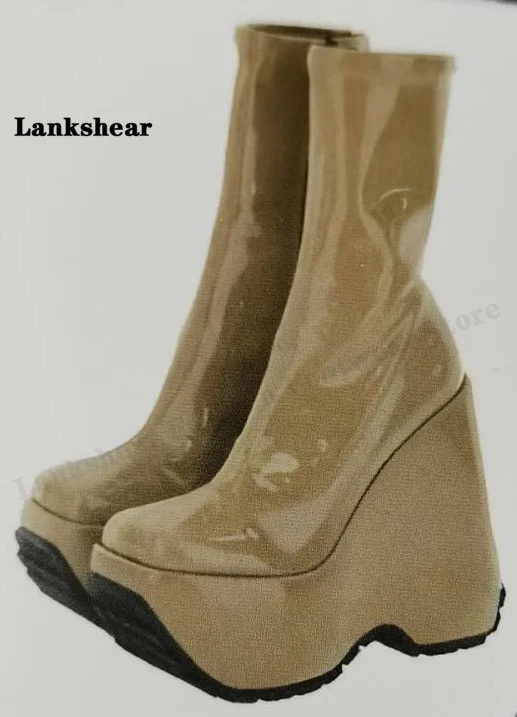 2022 New Round Toe Wedge Heel Thick Bottom Boots Super High Heel Slip On Satin Elastic Large Size Short Boots Women's Boots