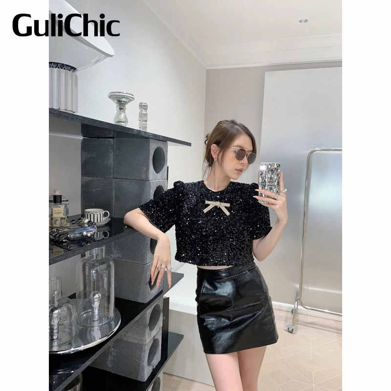 

1,11 GuliChic Роскошная темпераментная короткая женская футболка с блестками и бантом