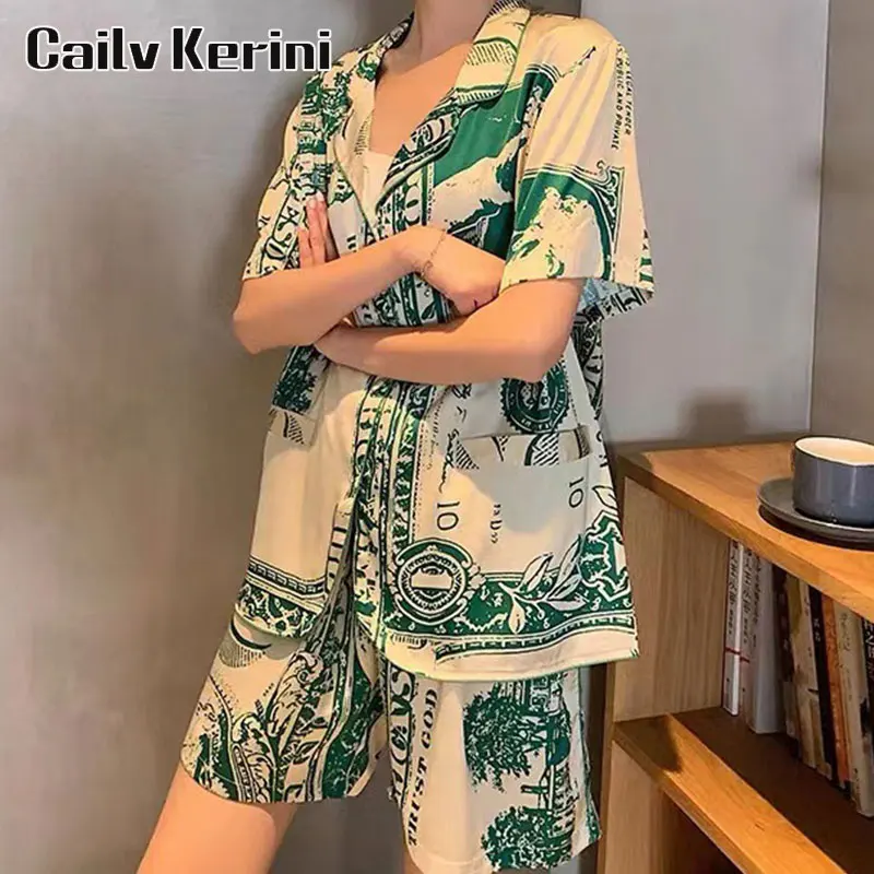 

Шелковый Атласный пижамный комплект Cailv Kerini, домашняя одежда, женская ночная рубашка, Пижамный костюм с принтом и коротким рукавом, пижама из двух предметов