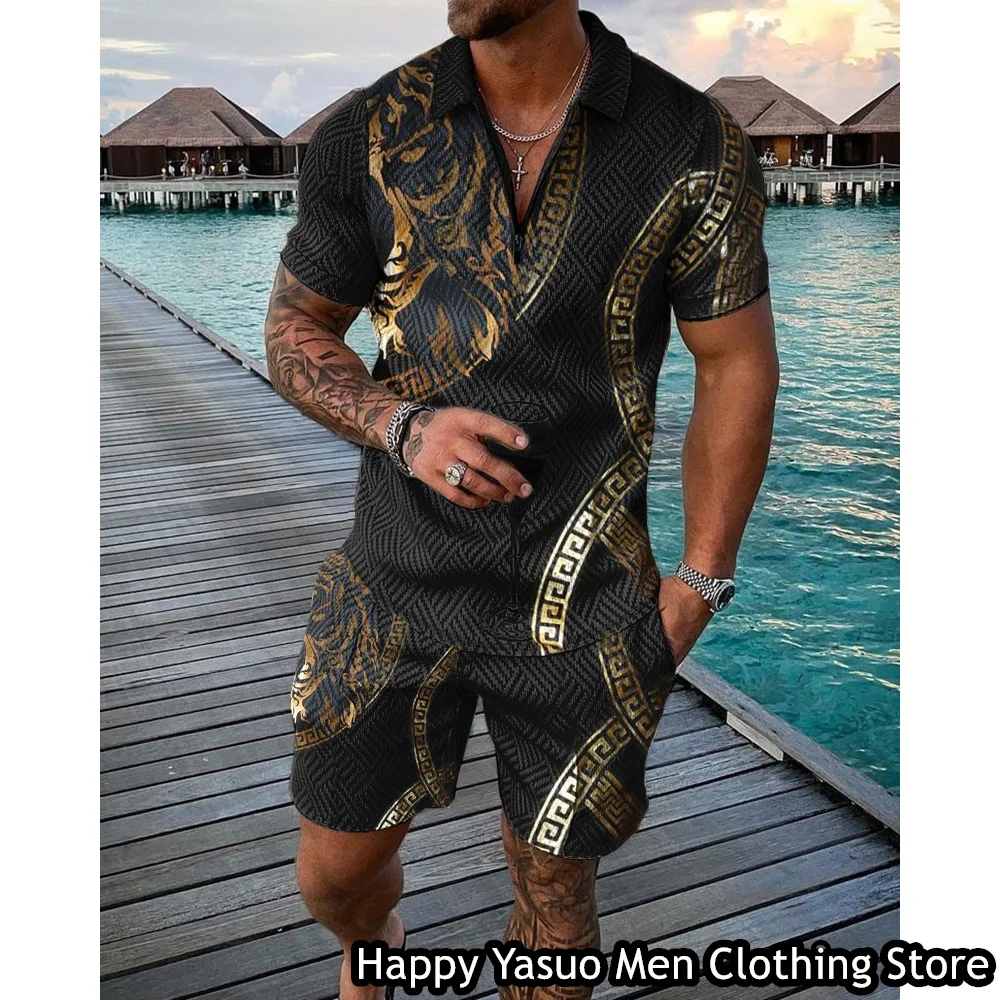 Luxury Summer Set Of Polo Shirt For Men 2 Pieces Vintage Tiger Tracksuit Casual Outfit High-End Short Sleeve Zipper Clothing