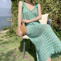 2021 new womens loose bohemian long sling dress summer sleeveless hollow crochet floral holiday beach dress vestidos green