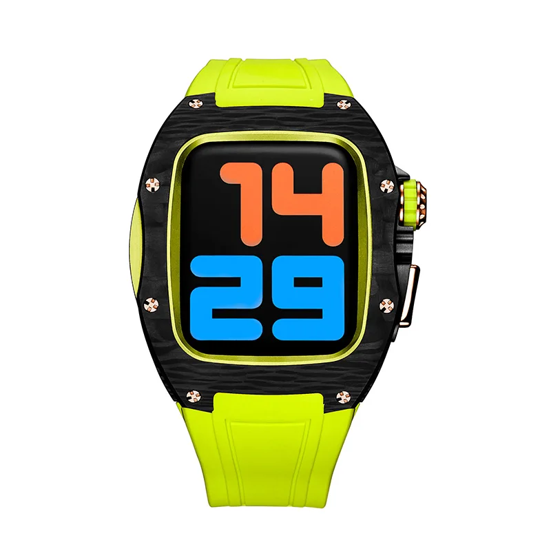 Carbon Fiber Case for Apple Watch Band 44mm 45mm Fluorine Rubber Strap for Iwatch Series 7 6 5 4 SE Diy Modification Accessories