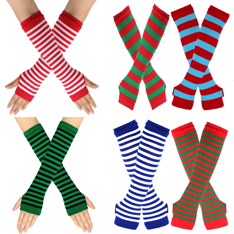

Women's Elbow Gloves Christmas Long Arm Cover Autumn Winter Striped Knitting Polyester Cotton Elbow Mittens Fingerless Gloves