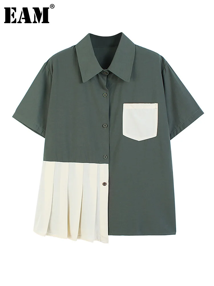 

[EAM] Women Khaki Pleated Irregular Casual Blouse New Lapel Short Sleeve Loose Fit Shirt Fashion Tide Spring Summer 2023 1DE8566