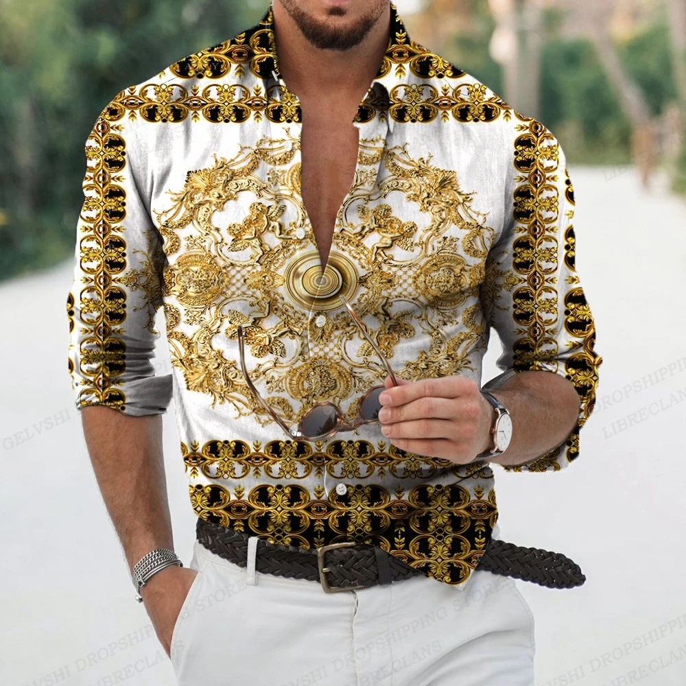 

Luxury Golden Shirts Men Fashion Shirts Long Sleeve Hawaiian Shirts Cuba Beach Blouse Men's Clothing Hombre Camisas Y2k