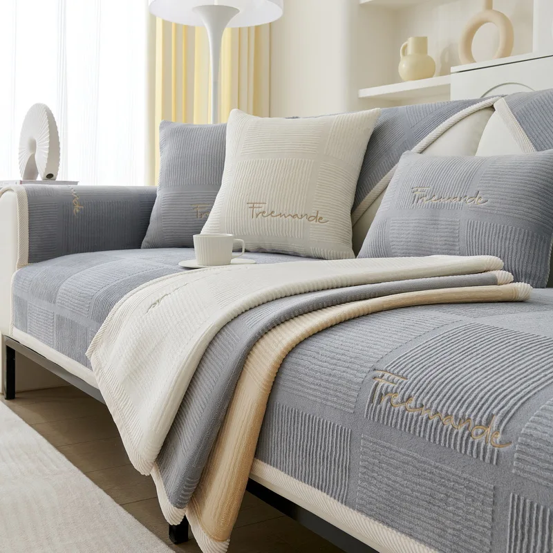 

New Sofa Cushion Plush Seat Cushion Sofa Cover Plush Embroidery Modern Simple Anti Slip Winter Thickened Seat Cushion Sofa Cover