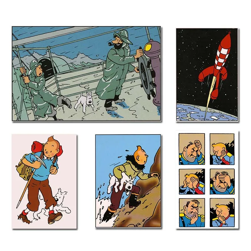 

French Comics Adventures Of Tintin Vintage Poster Canvas Painting Wall Picture Mural Nursery Kids Bedroom Decoration