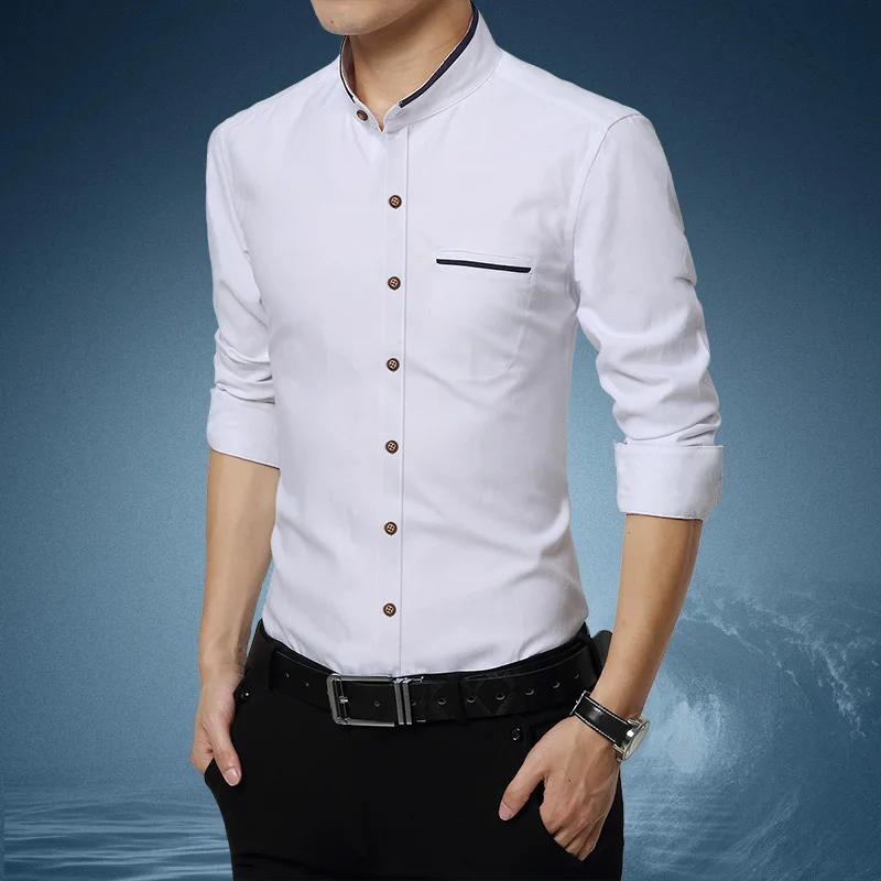 

Asian size Men stand collar non-ironing long-sleeved shirt 2023 spring new man slim business casual oxford textile cardigan top