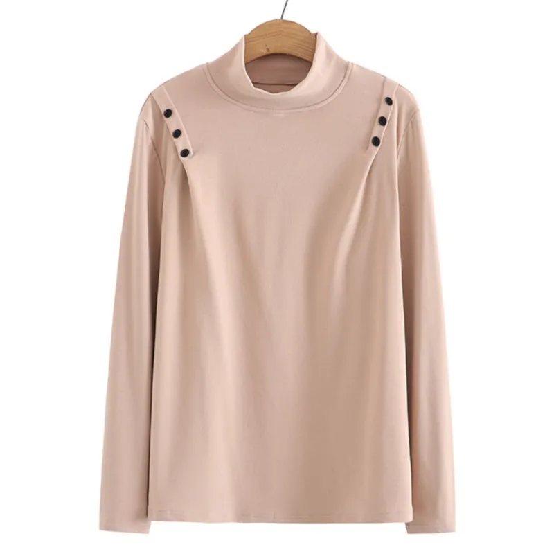 

4XL Plus Size Basic T-Shirt Women Autumn Winter Stand Collar Tops Fashion Shoulder Button Fold Fleece Warm Long Sleeve Tees