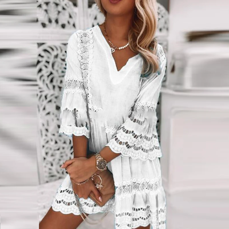 

Casual Women V-neck Half Sleeve Mini Dress 2023 Spring Fashion Solid Color Embroidery Patchwork Ladies Loose Duty Hollow Dresses