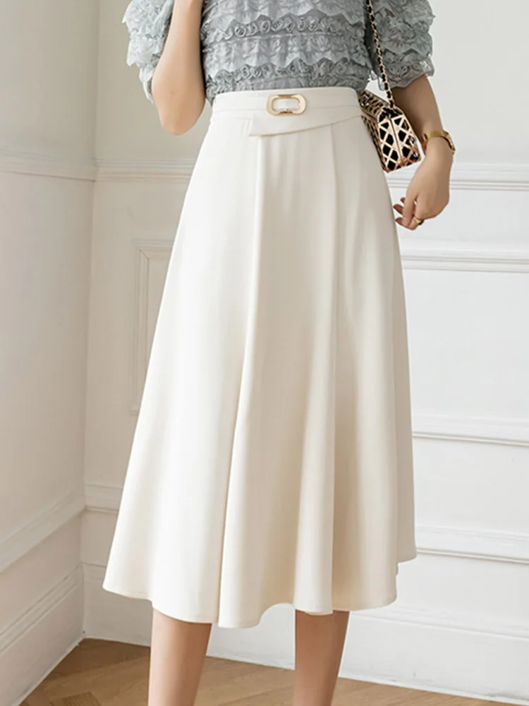 

Ailegogo New Spring Summer Women High Waist Medium Long Skirt Casual Female A-line Solid Color Knee-length Skirts Bottoms