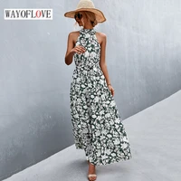 wayoflove woman summer folds sexy neck mounted long dress holiday casual beach bandage vestidos floral print elegant party dress