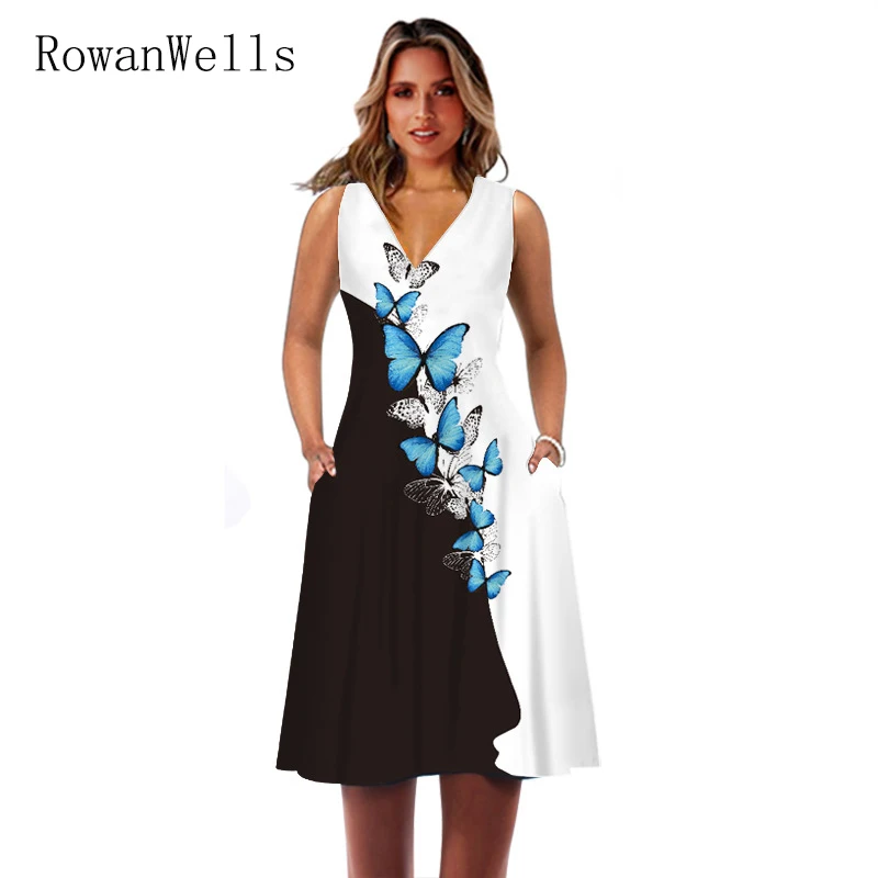 

Summer Butterfly Print Black Dress Women Elegant Sleeveless Loose Boho Beach Dresses Female Vintage Casual Party Robe Vestidos