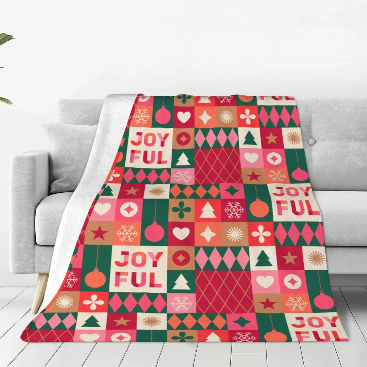 

Christmas Icons Elements With Geometric Blankets Fleece Decoration Multi-function Soft Throw Blanket for Sofa Bedroom Quilt