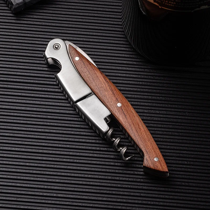 

Multifunction Bottle Opener Bar Table Key Bottle Opener Professional Wood Handle Corkscrew Screw Opener Cutter Stainless Steel
