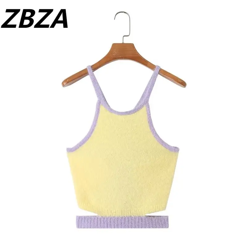 

ZBZA Women 2023 New Fashion Hanging Neck Back Drawstring Frenulum Tops Vintage Backless Thin Straps Female Chic Tops
