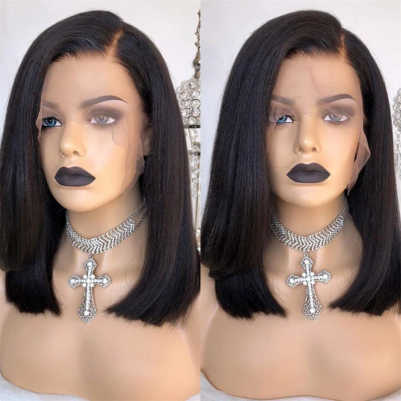 

Kinky Straight Bob Pixie Cut Wig Lace Front Wig Natural Black Yaki Soft Hair For Women Daily Wear Heat Resistant Fiber