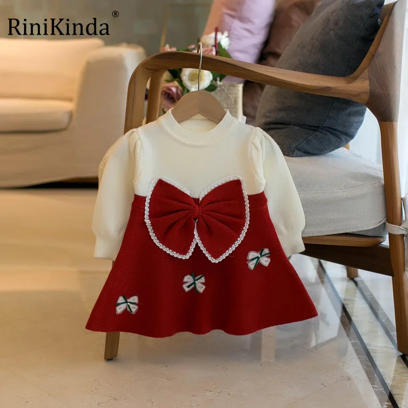 

RiniKinda 2022 Autumn Winter Baby Girls Sweater Dress Big Bow Patchwork Baby Kids Princess Dresses Fashion Girls Clothes