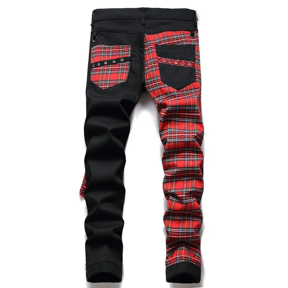 Men Jeans Punk Denim Pants Skull Patchwork Streetwear Hip Hop Harajuku  Plaid Fashion Slim Fit Print High Street Trousers
