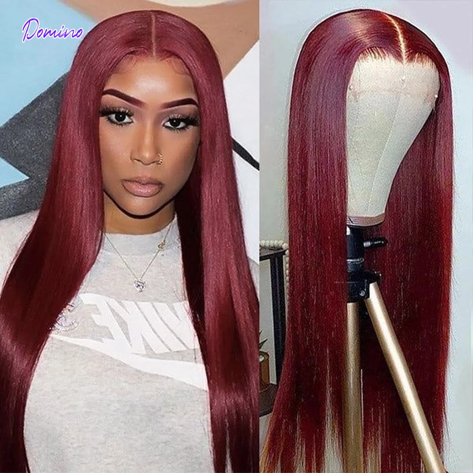 Straight Hair Lace Front Wig With Natural Human Hairline Wigs 99J Red Burgundy  180% Remy Human Hair Part Wigs