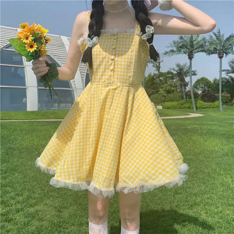 

MINGLIUSILI Vintage Plaid Print Slip Dress Summer Clothes for Women Fashion 2022 Kawaii Sleeveless Casual High Waist Dress
