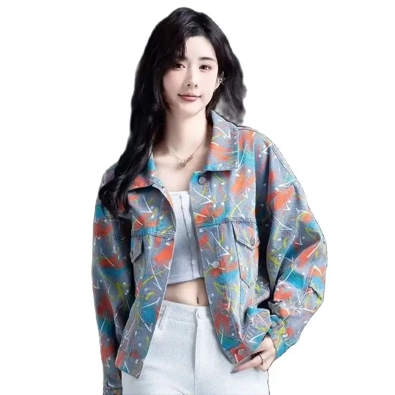 Женское джинсовое пальто Shor свободная куртка с разноцветным рисунком на