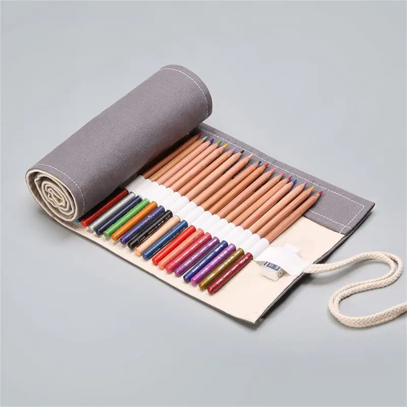 

12 24 36 48 72 Hole Large Capacity Roll Pen Bag Handmade Grey Canvas Art Pen Curtain Color Lead Sketch Stationery Bag