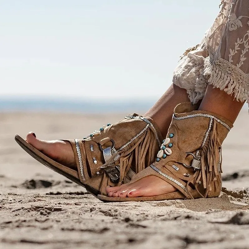 Women Summer Flip Flop Sandals FeMALE Fringe Flower Wedges Flock Beach Casual Shoes
