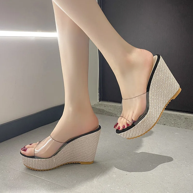 

Shoes Woman 2023 Transparent Slippers Low Heeled Mules Platform On A Wedge Luxury Slides Pantofle High Designer Summer New Fabri