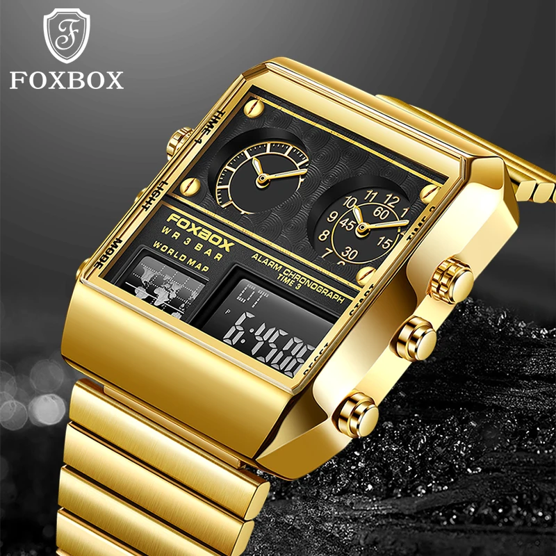 

FOXBOX Men Watch Electronic Quartz Luxury Luminous Waterproof Chronograph Date Dual Diaplay Watches For Man Relogio Masculino