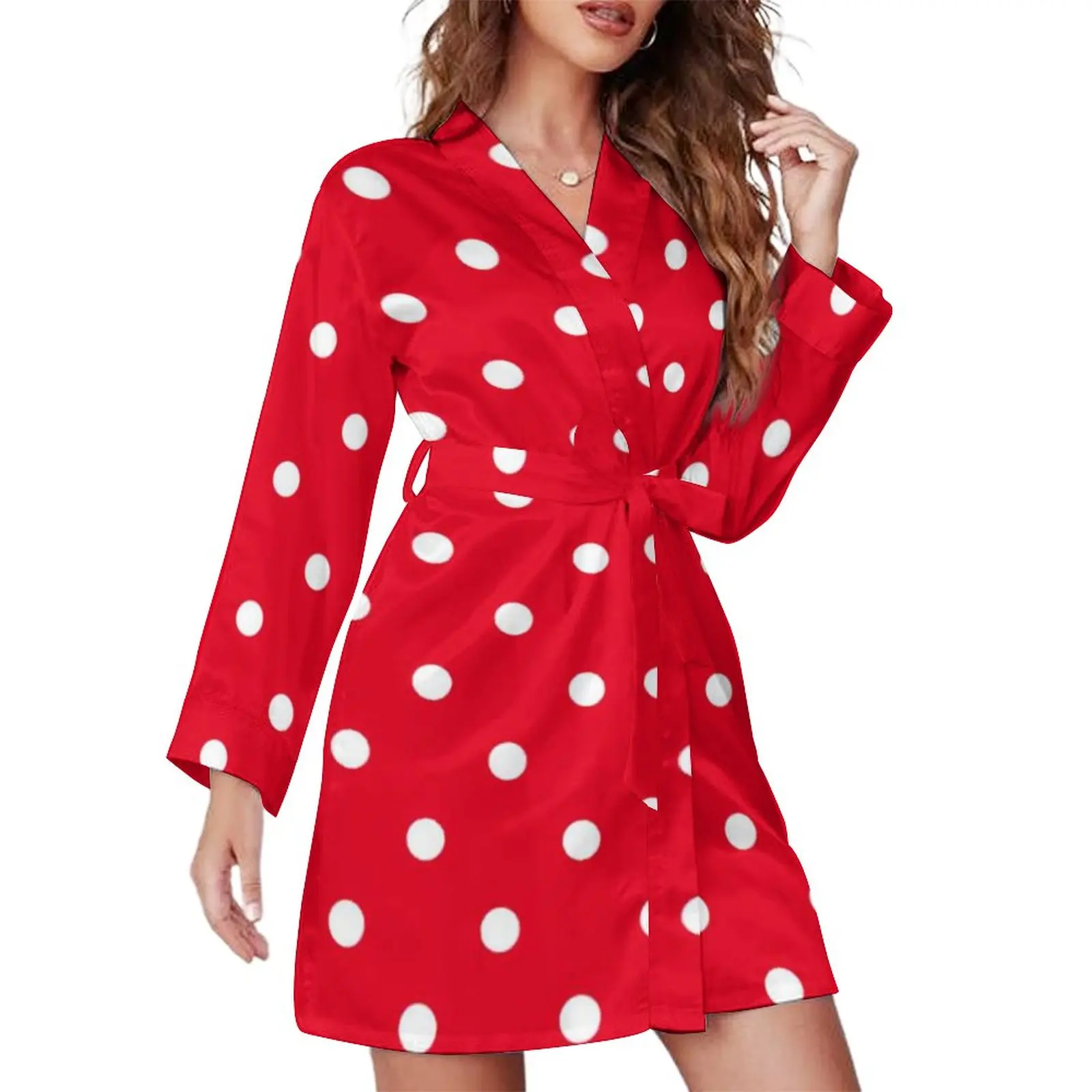 

Red with White Polka Dots Pajama Robe Lady Polka Dot Spotted Circles Bedroom Nightgown V Neck Graphic Pajamas Robes Warm Dresses