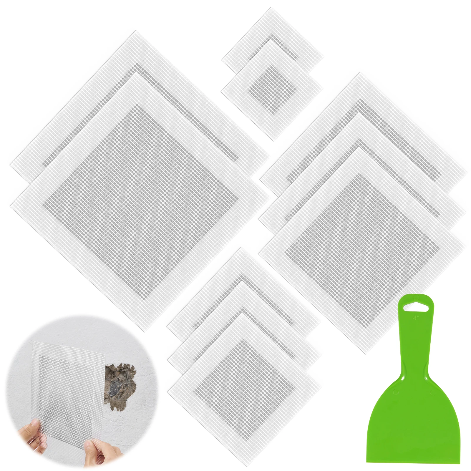 

11Pcs Drywall Repair Kit 2/4/6/8inch Fiberglass Mesh Crack Patch Self Adhesive Wall Repair Patch with Scraper Metal Repairing