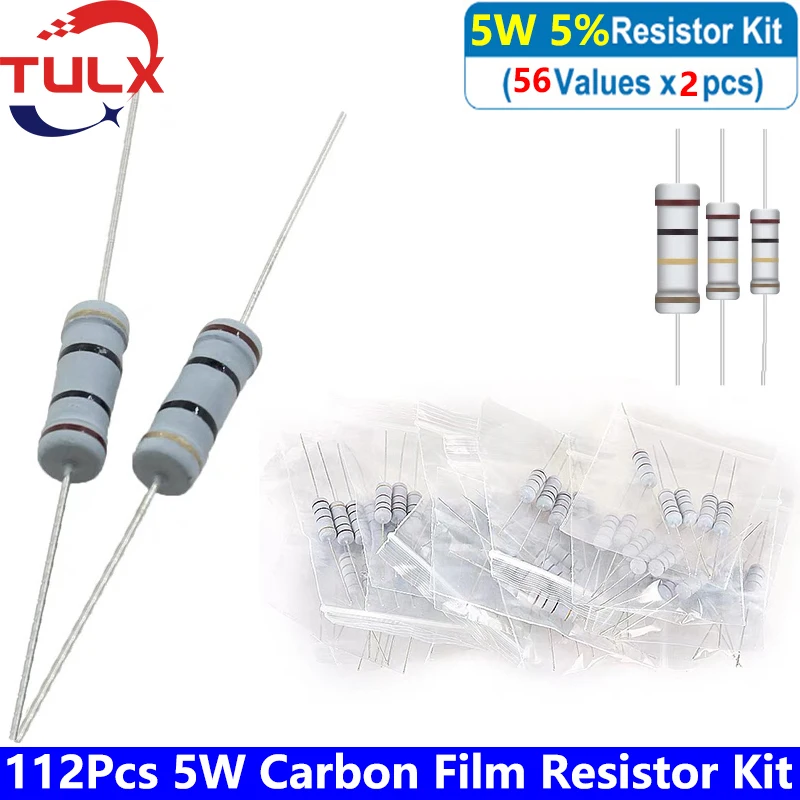 112Pcs/Pack 5W Carbon Film Resistor Assortment Kit Set 5% 56 Value*2Pcs Resistors Kit 1R-150R-680K-1Mohm Color Ring Resistance