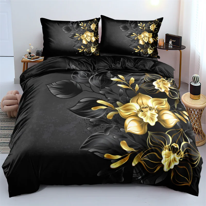 3D Design Flower Duvet Cover Sets Queen Size Floral Print Bedding Set Bedroom Decor Black Quilt/Comforter Cover With Pillowcases