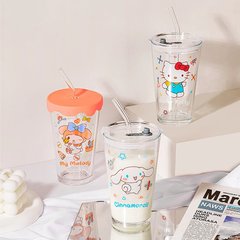 

Cute Sanrioed Kuromi My Melody Hellokittys Cinnamoroll Pachacco Cartoon Glass Straw Cup Graduated Milk Cup with Lid Milk Tea Cup