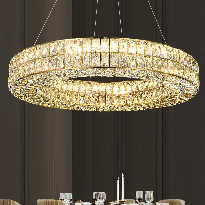 

Luxury Chandeliers Crystal Dining Living Room Modern Dimmable Round LED Light Villa Hotel Lobby Kitchen Stainless Steel Fixtures