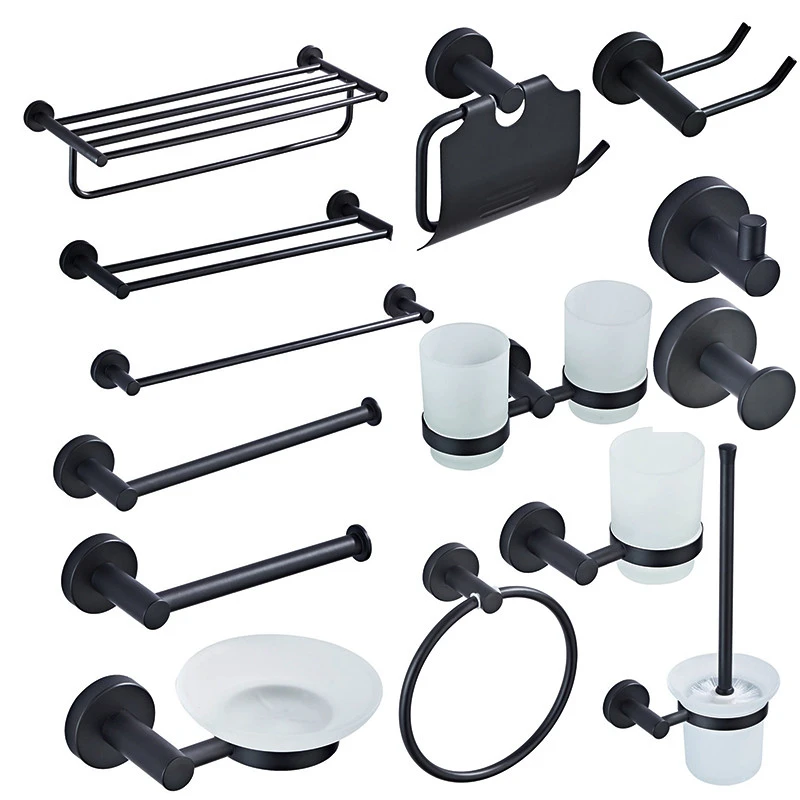 Black Bathroom Accessories Set Toilet Brush Holder WC Roll Paper Holder Towel Shelf Rail Soap Dish Wall Hook Hairdryer Rack