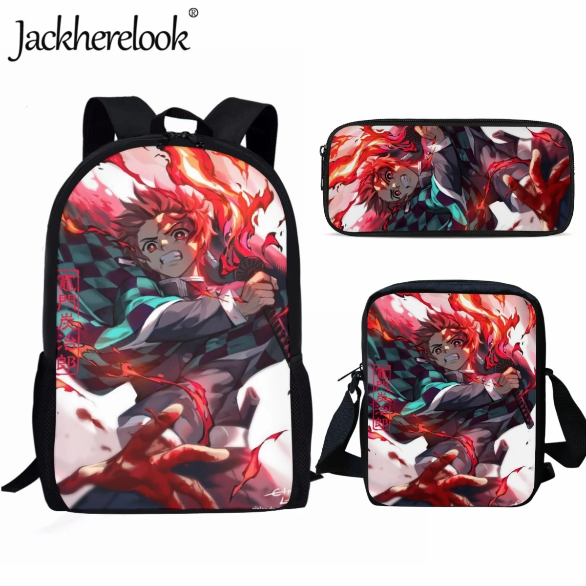 Jackherelook Teenagers Fashion School Bags Set Japanese Anime Tanjirou Kamado Hot Blood Trendy Childrens Bookbags Casual Mochila