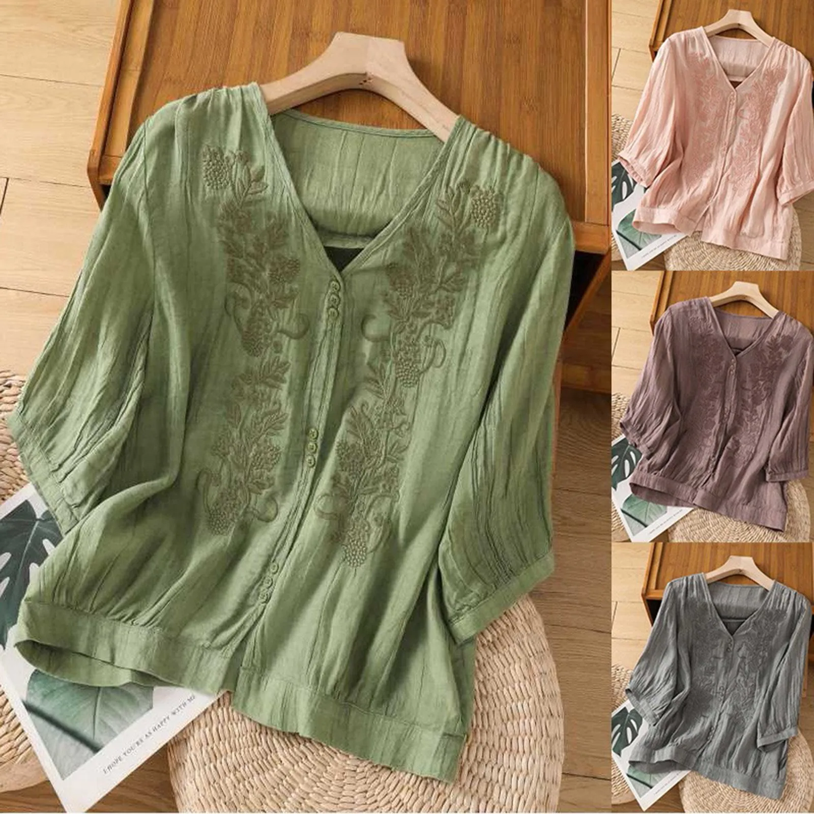 Женская свободная фланелевая рубашка из хлопка и льна с V-образным вырезом