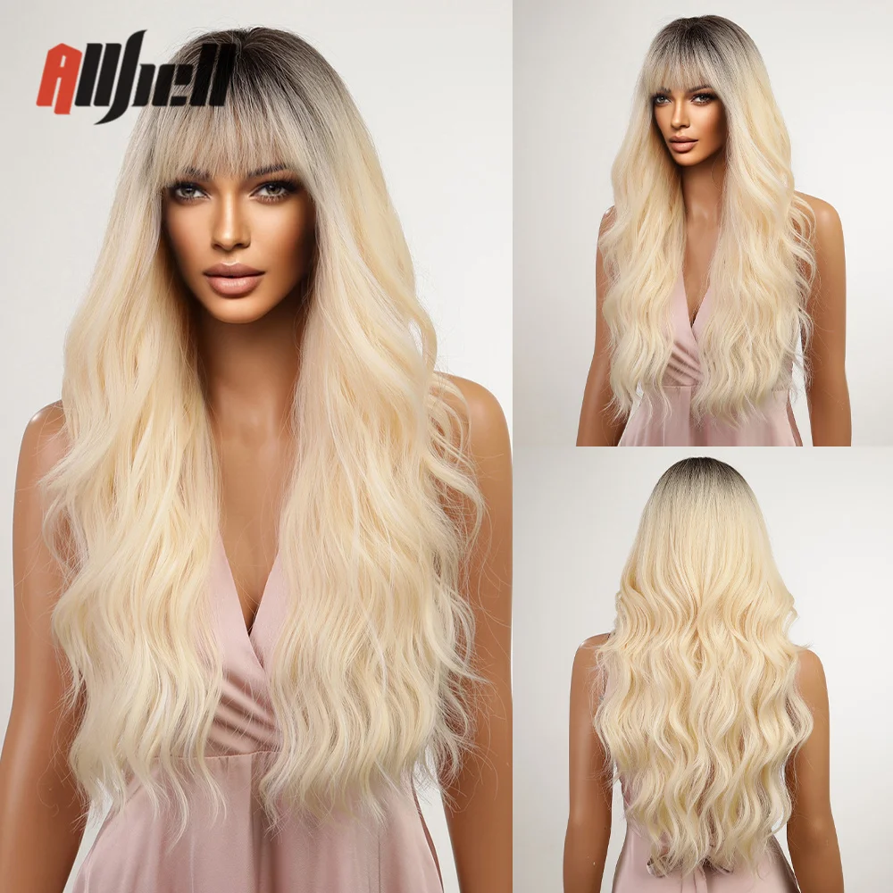 

Long Platinum Blonde Wigs with Bangs Curly Wavy Dark Brown Ombre Wigs Cosplay Party for Women Afro Natural Heat Resistant Hair