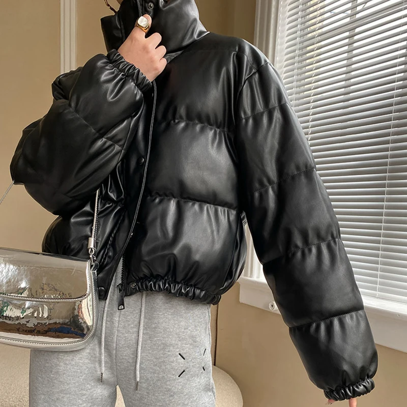Модная простая Женская куртка-пуховик из искусственной кожи новинка зимы