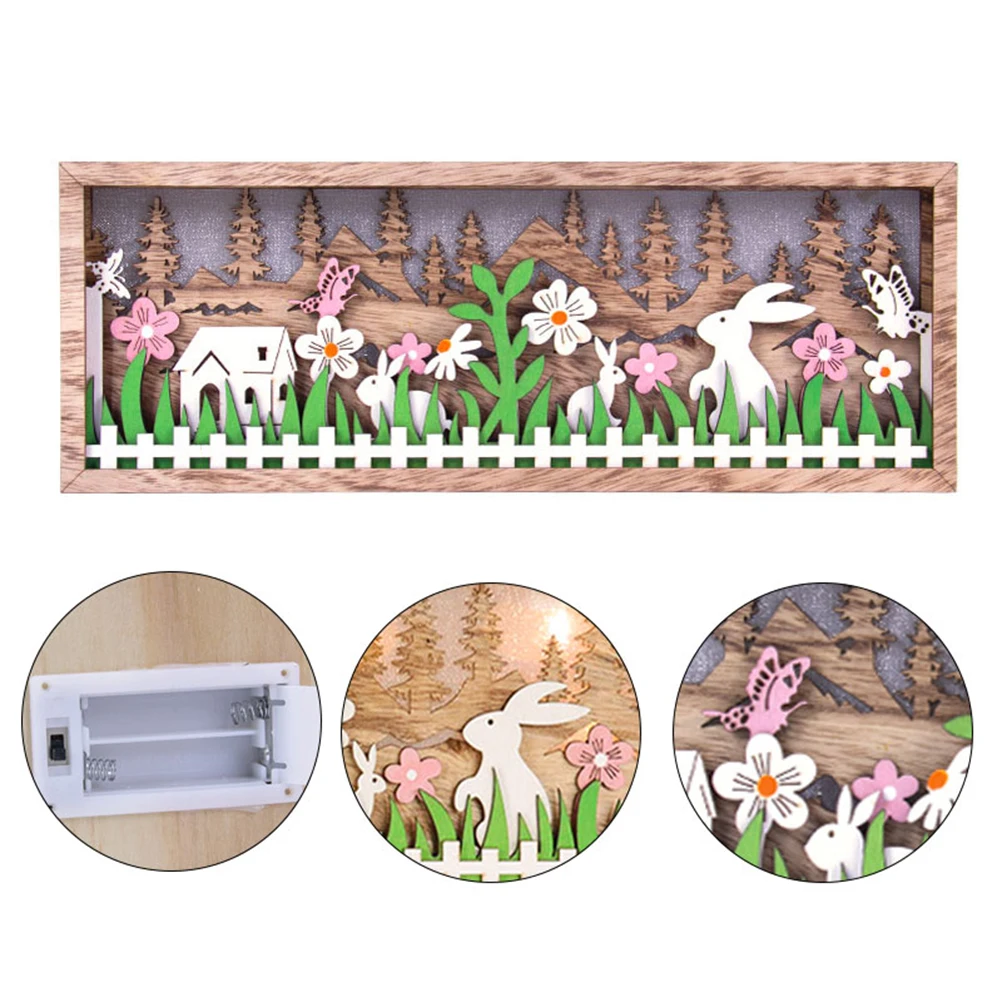 

Wooden Easter Hollow Rabbit Model Crafts Ornaments with Luminous LED Lamp Holiday Desktop Home Decoration